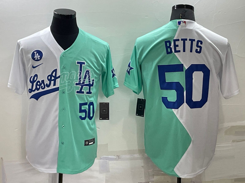 Men's Los Angeles Dodgers #50 Mookie Betts 2022 All-Star White/Green Cool Base Stitched Baseball Jersey Men's Los Angeles Dodgers #50 Mookie Betts 2022 All-Star White/Green Cool Base Stitched Baseball Jersey